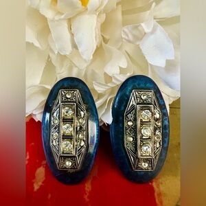 Art Deco Blue Bakelite, Silver, Copper and White Paste Stone Earrings